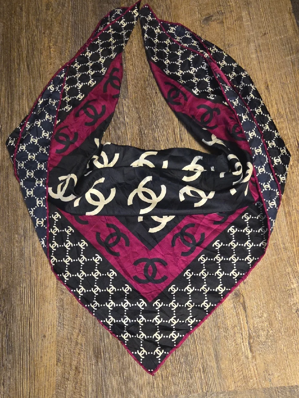 Chanel CC Monogram Navy Blue, White, Purple Silk Scarf 34x34 Inches - Picture 6 of 17